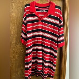 Ecko Unlimited, short sleeved polo. Red with black and white stripes. Size 2XL